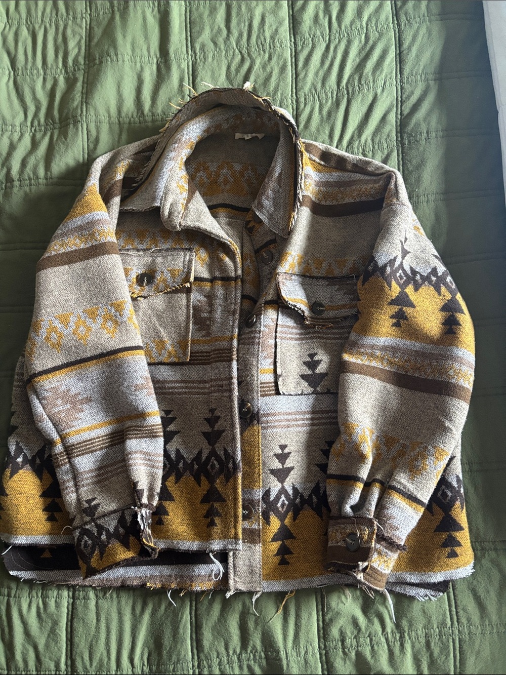 LA MIEL Grey and Mustard Geometric Knit Cardigan